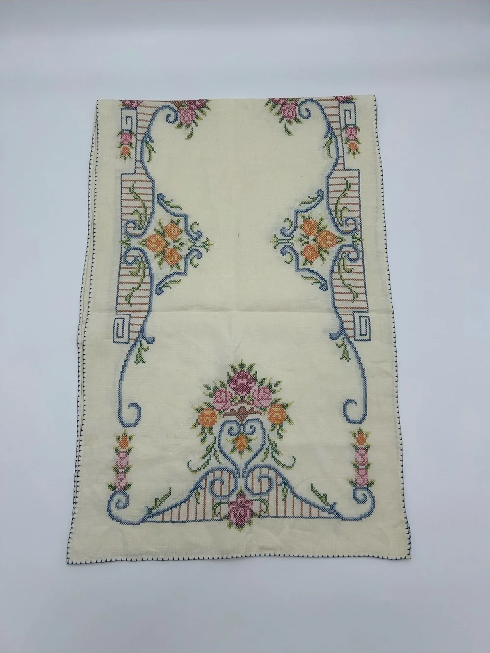 Embroidered Floral Cream Table Runner 49” L x 16”W